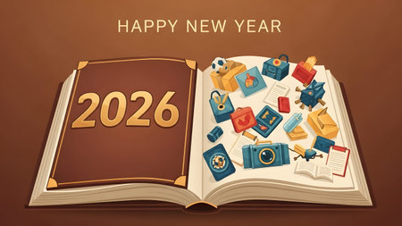 2026 showing open book displaying 2026 and various objects for the new year keywords: new year,...