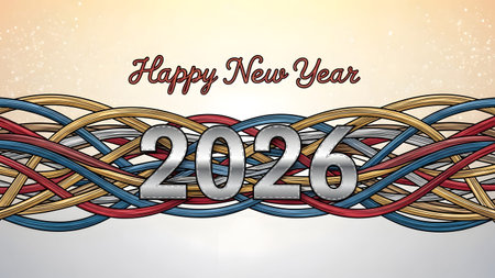 Happy New Year 2026 text with intertwined colorful strands on a sparkling background