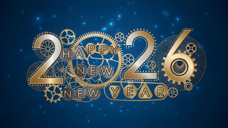 Metallic gears and numbers form Happy New Year 2026 with blue sparkles. Clear details and vibrant...