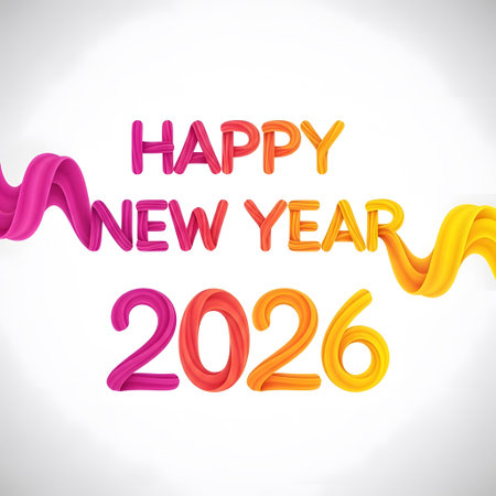 Happy New Year 2026 text with vibrant pink, orange, and yellow ribbon-like swirls. Clear details ...