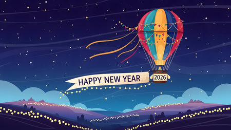 A hot air balloon with a Happy New Year banner and the year 2026 flies at night. Clear details an...の写真素材