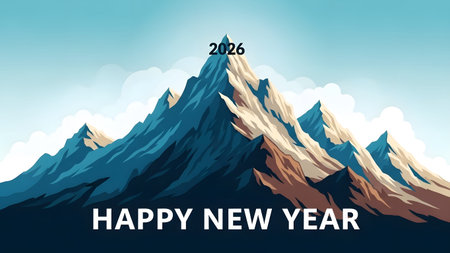 A stylized mountain range with snow-covered peaks and the text Happy New Year 2026.
