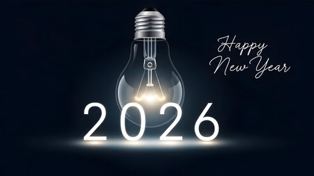 A lit light bulb with visible filament and the year 2026 on a dark background. Clear details and ...