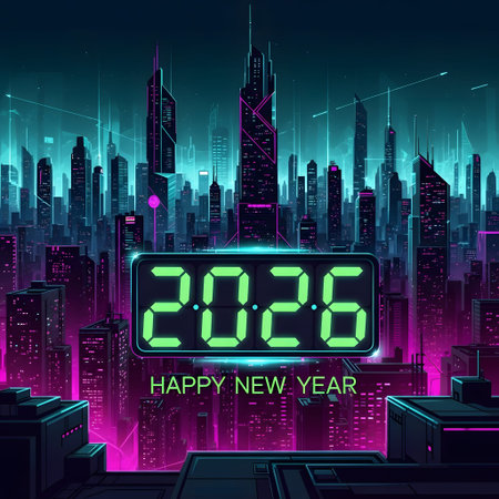 Technology showing happy new year 2026 futuristic city skyline digital display