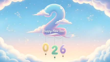 A pastel sky with clouds features the number 2026 as balloons celebrating the New Year.