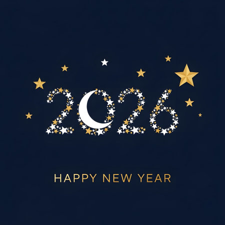 The year 2026 is formed by stars and a moon on a dark blue background. Clear details and vibrant ...