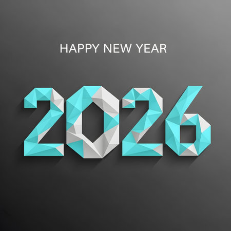 The year 2026 is displayed in a modern geometric origami style with blue and white facets.