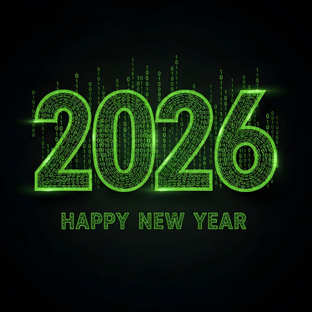 The year 2026 and Happy New Year text made of green binary code with neon glow. Clear details and...