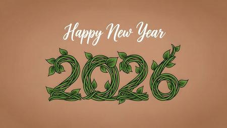 Numbers showing happy new year 2026 green vine numbers with leaves on brown background...