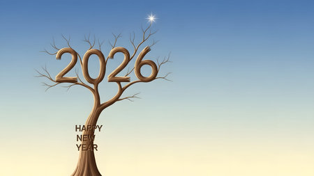 Tree with 2026 numbers forming branches and Happy New Year text Clear details and vibrant colors ...