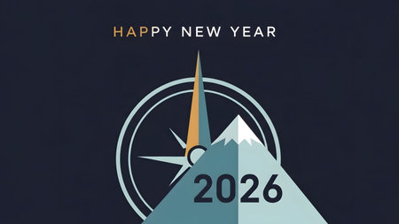 Compass pointing to mountain peak with Happy New Year 2026 text. Clear details and vibrant colo...