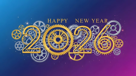 Golden and silver gears form the year 2026 with Happy New Year text on a gradient. Clear details ...