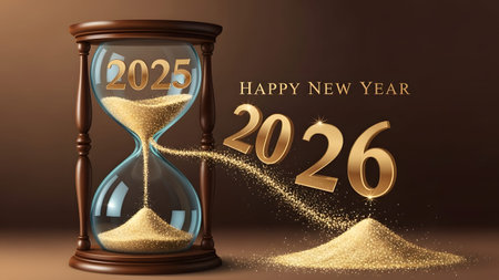 An hourglass shows sand from 2025 flowing into a pile for 2026, with Happy New Year text.