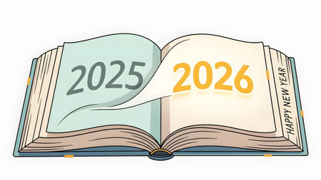 Open book shows transition from 2025 to 2026 Happy New Year Clear details and vibrant colors enha...