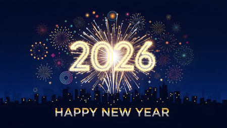The year 2026 is illuminated by a vibrant fireworks display above a silhouetted city.