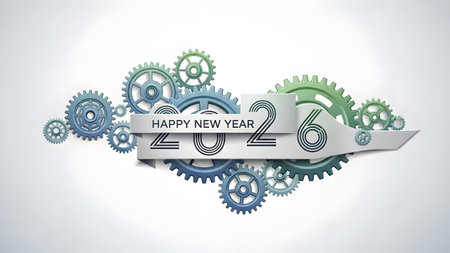 Gears and a ribbon display Happy New Year 2026 on a white background. Clear details and vibrant c...