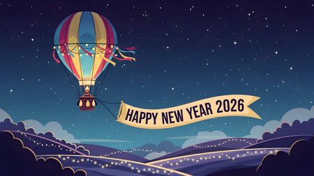 A hot air balloon with a festive banner floats in a starry night sky over a landscape with clouds.