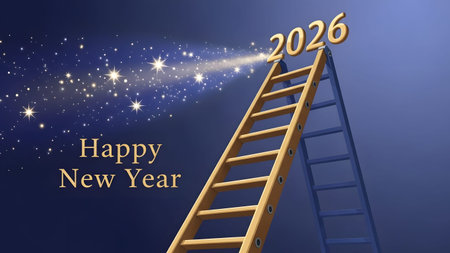 A golden ladder reaches for 2026, with a trail of bright stars and a New Year greeting.