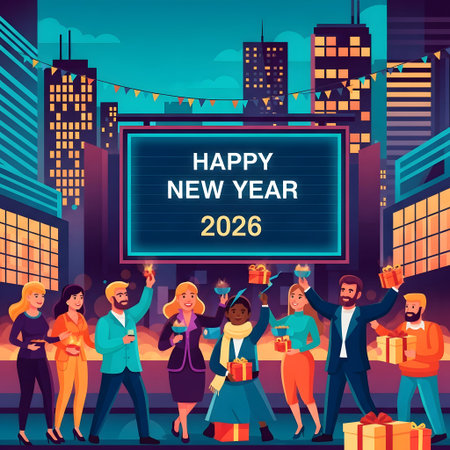 People holding gifts and sparklers celebrate New Year 2026 in city Clear details and vibrant colo...