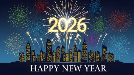 Numerous fireworks explode over a detailed city skyline, celebrating the arrival of 2026.
