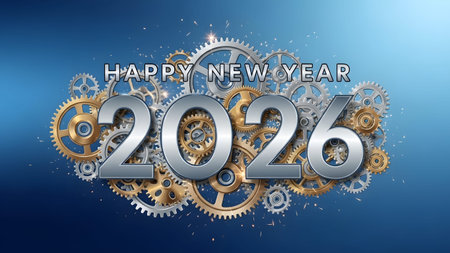 The year 2026 is depicted with interlocking metallic gears against a blue background.
