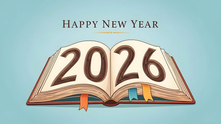 An open book displays the numbers 2026 with three colorful bookmarks. Clear details and vibrant c...