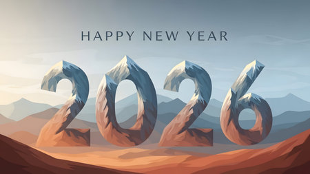 The year 2026 is depicted as mountains with snow under a hazy sky. Clear details and vibrant colo...