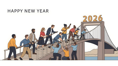 Diverse group of people pulling a rope bridge towards the year 2026. Clear details and vibrant co...