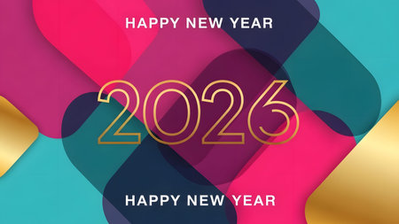 A modern design with overlapping rounded shapes in pink, teal, and navy, featuring 2026 and gold...