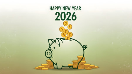 A piggy bank receives falling gold coins with Happy New Year 2026 text above. Clear details and v...