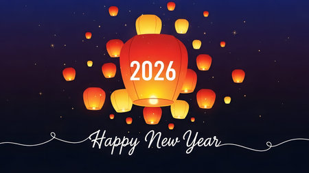 Red and yellow lanterns glowing in the night sky for Happy New Year 2026 Clear details and vibran...