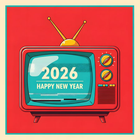 A vintage red television with antennas displays 2026 Happy New Year on its teal screen.