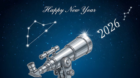 A telescope views constellations in a starry night sky. Clear details and vibra...