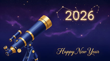 A telescope points towards a starry night sky with constellations.