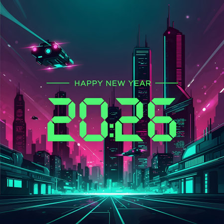 Futuristic city with flying vehicles and neon lights, celebrating 2026. Clear details and vibrant...