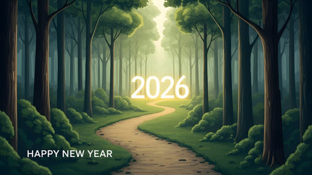 A serene forest path illuminated by sunlight, featuring the year 2026 and happy new year text.