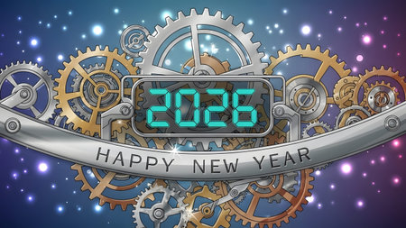 Steampunk gears display 2026 and Happy New Year message with glowing bokeh lights. Clear details ...