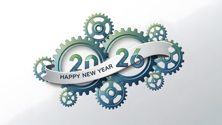 Gears and a ribbon display Happy New Year 2026 on a white background. Clear details and vibrant c...