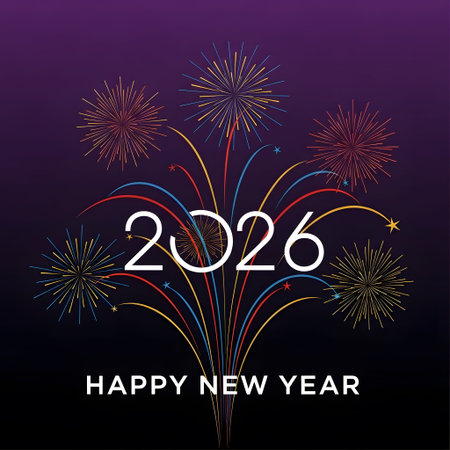Happy New Year 2026 text with colorful fireworks on a purple background. Clear details and vibran...