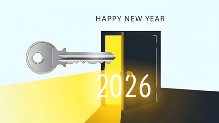 A key unlocks a door revealing the year 2026 with a Happy New Year message. Clear details and vib...