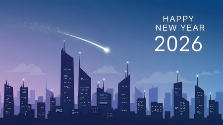 City silhouette with a meteor shower and a gradient sky at dusk. Clear details and vibrant colors...