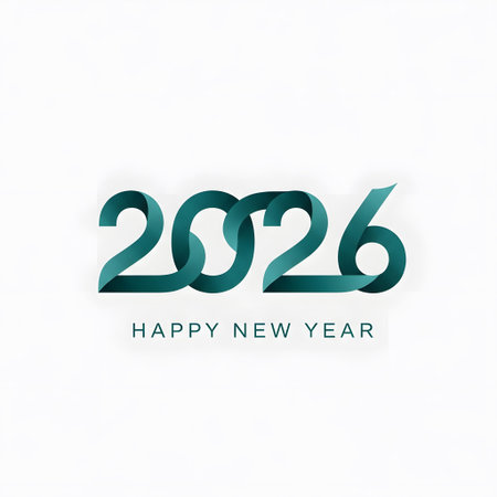 Teal ribbon forms the numbers 2026 with happy new year text below Clear details and vibrant color...