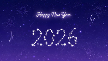 Happy New Year 2026 text formed by stars with fireworks in a starry night sky. Clear details and ...