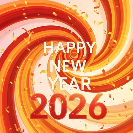 Swirling red orange and yellow abstract background with confetti and Happy New Year 2026 text