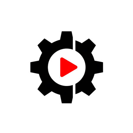 Digital showing black gear with red play button icon split on white background keywords: gear,...の写真素材