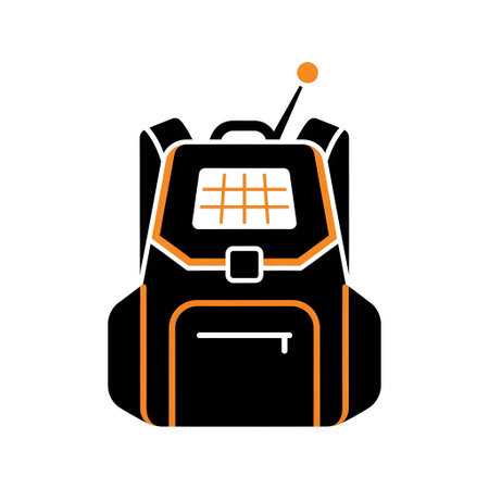 A black and orange backpack with an antenna and a grid panel on a white background.