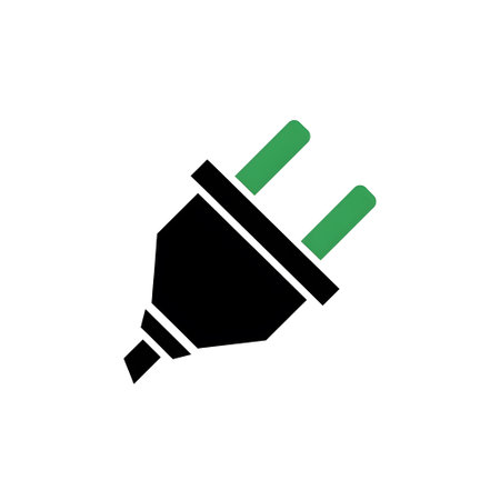 A simple graphic icon of an electrical plug with black casing and green prongs on a white...