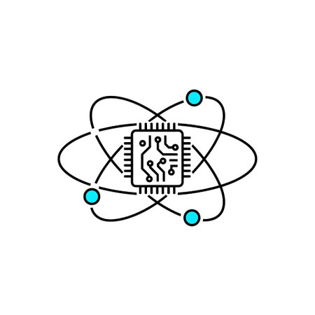 A stylized atom with a microchip at its center and blue electrons orbiting on a white background.
