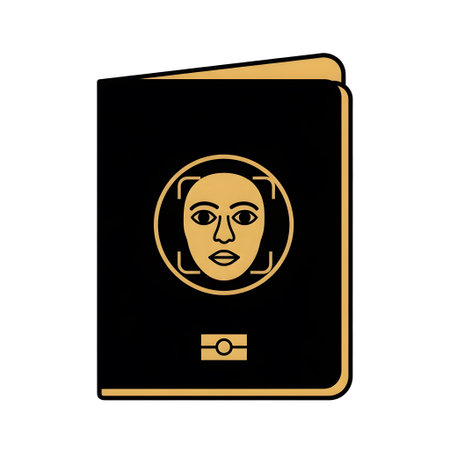 Black passport with golden circular face recognition icon on white background Clear details and v...の写真素材