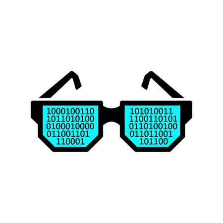 Digital showing black framed glasses displaying binary code on white background keywords:...